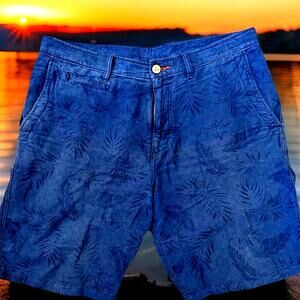 VTG tommy bahama mens Linen Shorts 34 faded Blue W/ Dark Palm Tree Relaxed